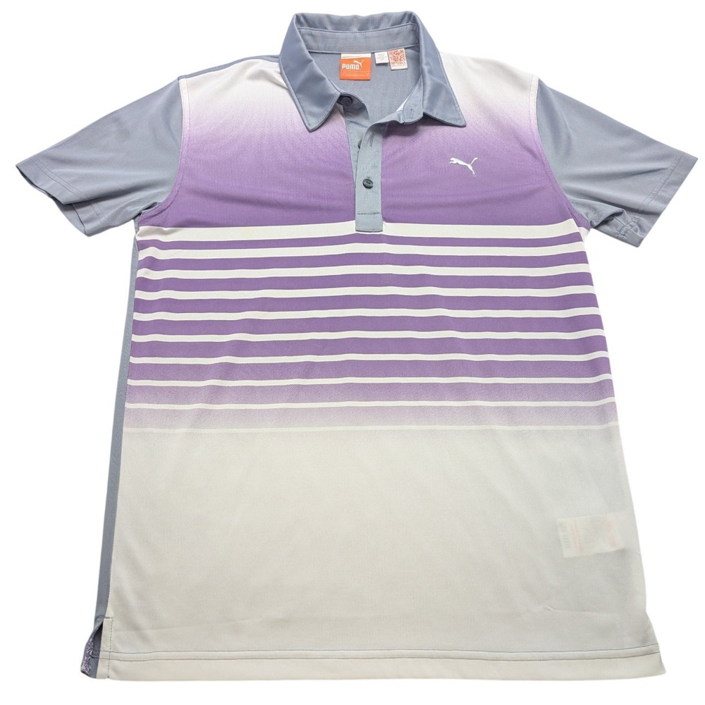 Puma Golf Polo Shirt Mens Small Purple White Ombre Striped‎ dryCELL 567610